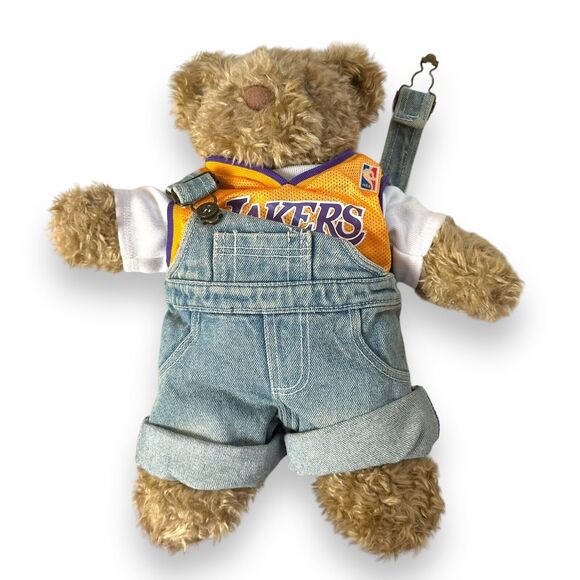Build A Bear Curly Teddy Bear Brown Paws Vintage Retired Lakers Tank Overall 14" - Picture 3 of 15